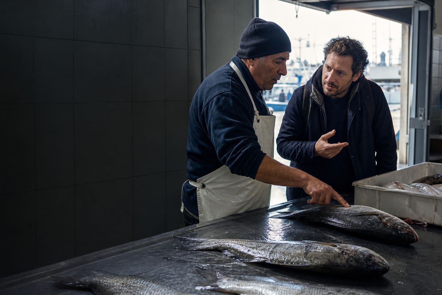 New resident using Spanish with a fishmonger at a Mar del Plata harbor market