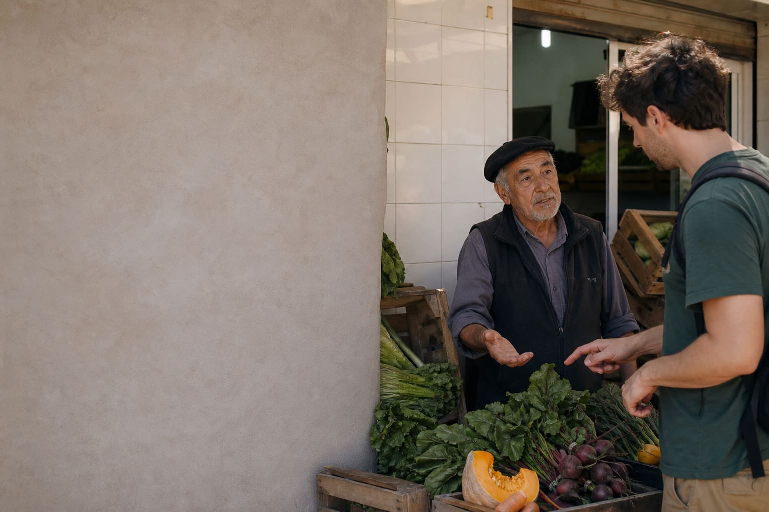 Persona extranjera practicando español en una verdulería de barrio de Mendoza