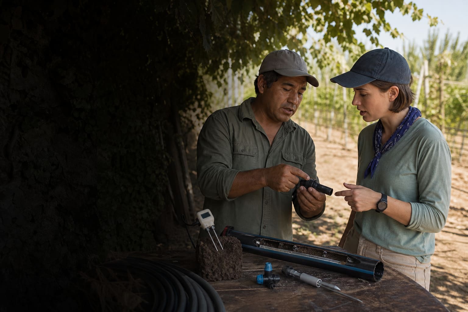 Spanish learner discussing vineyard irrigation with a Mendoza technician