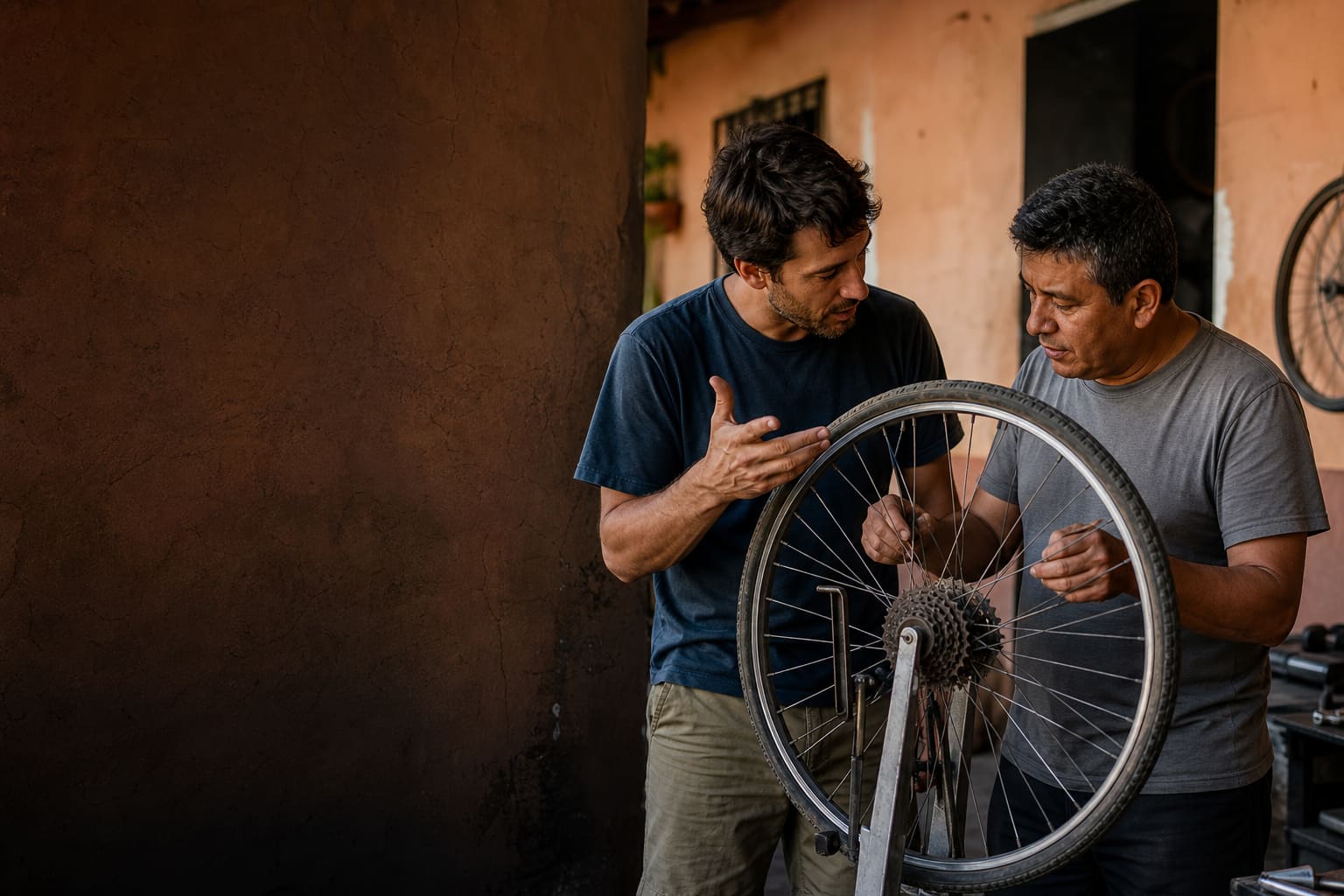 New resident using Spanish with a bicycle mechanic in a Salta neighborhood workshop