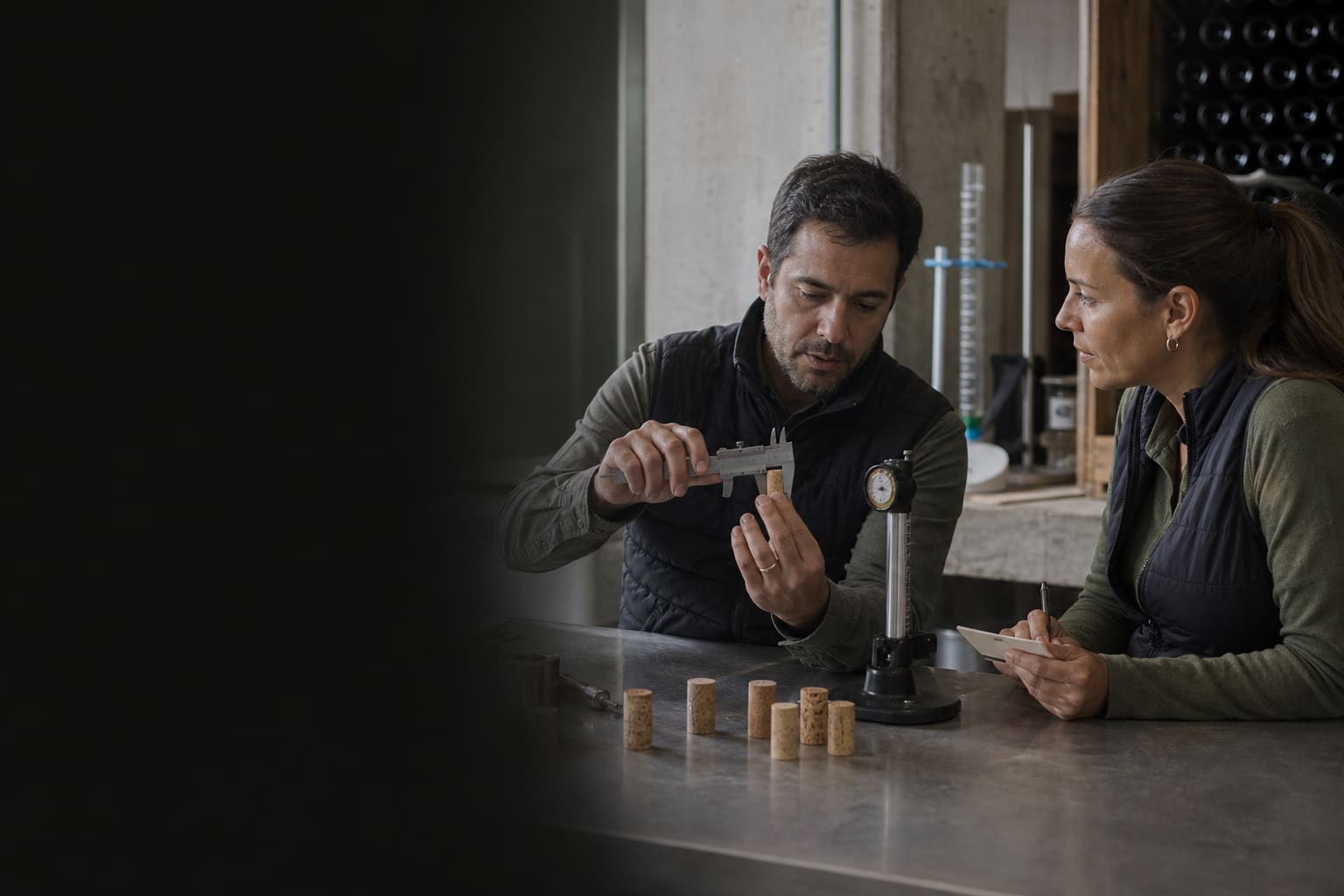 Profesionales del vino practicando una explicación técnica sobre cierres de corcho en Luján de Cuyo