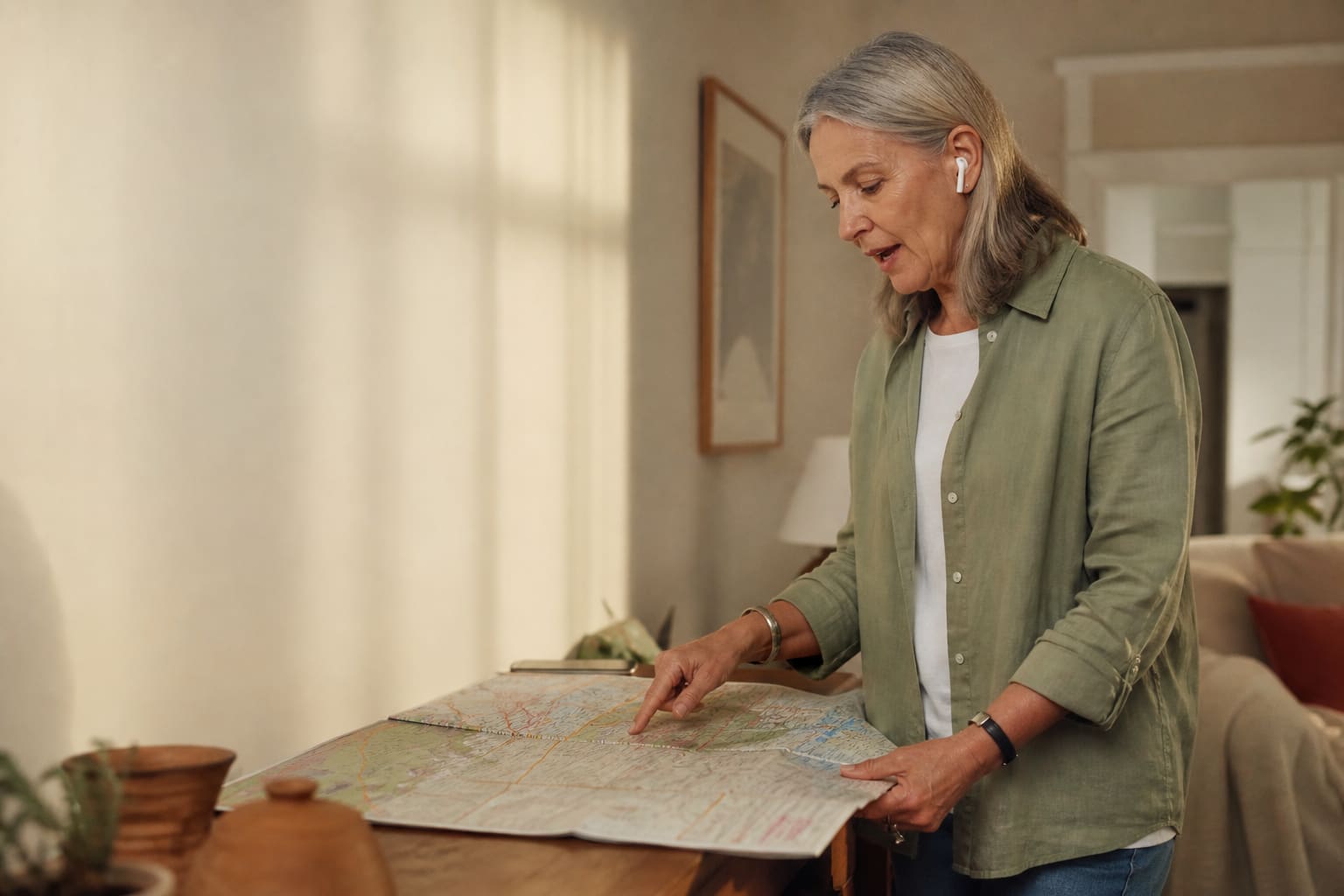 Adulta mayor practicando inglés mientras organiza una futura ruta de viaje
