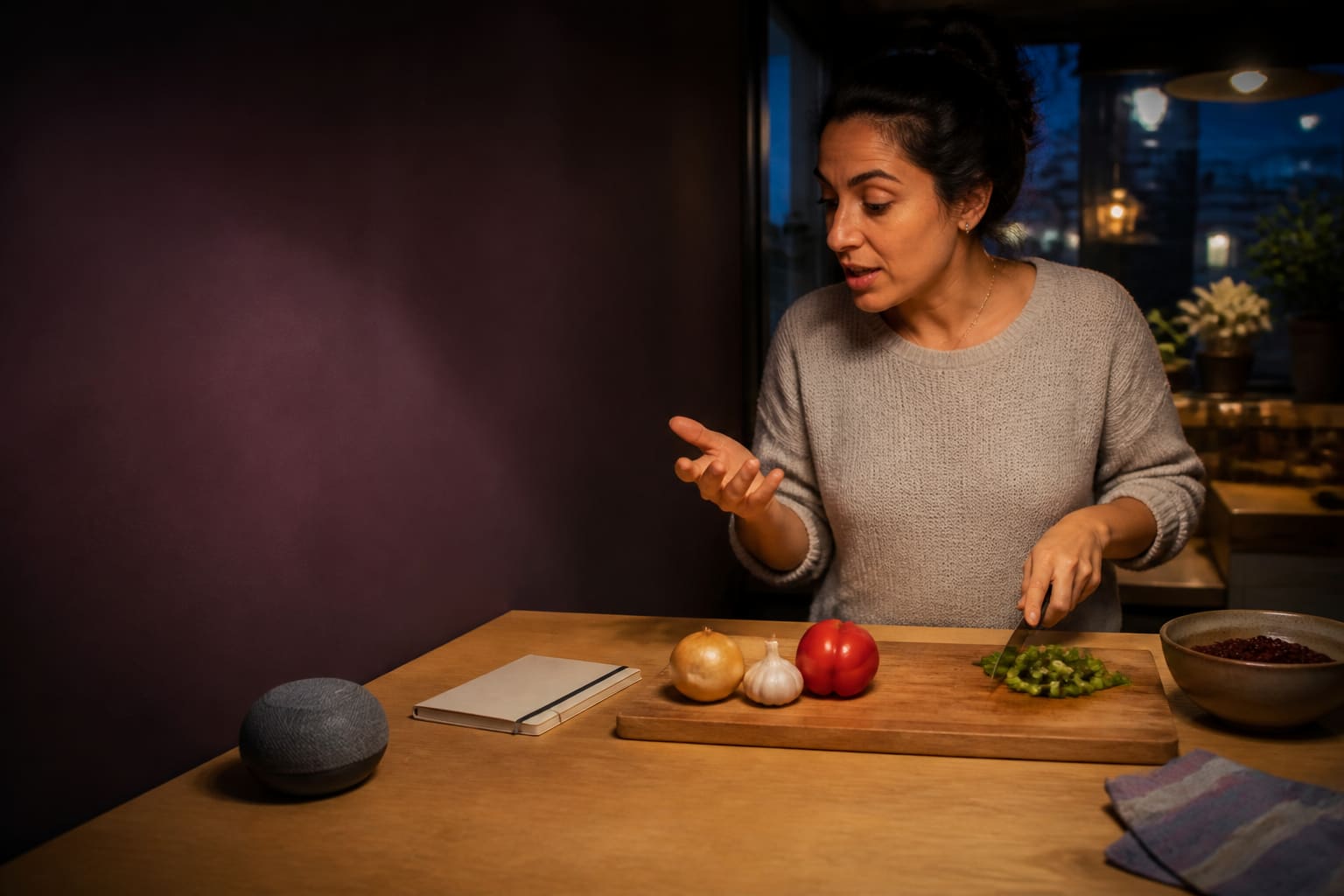 Adult learner speaking Spanish during an immersive home cooking routine