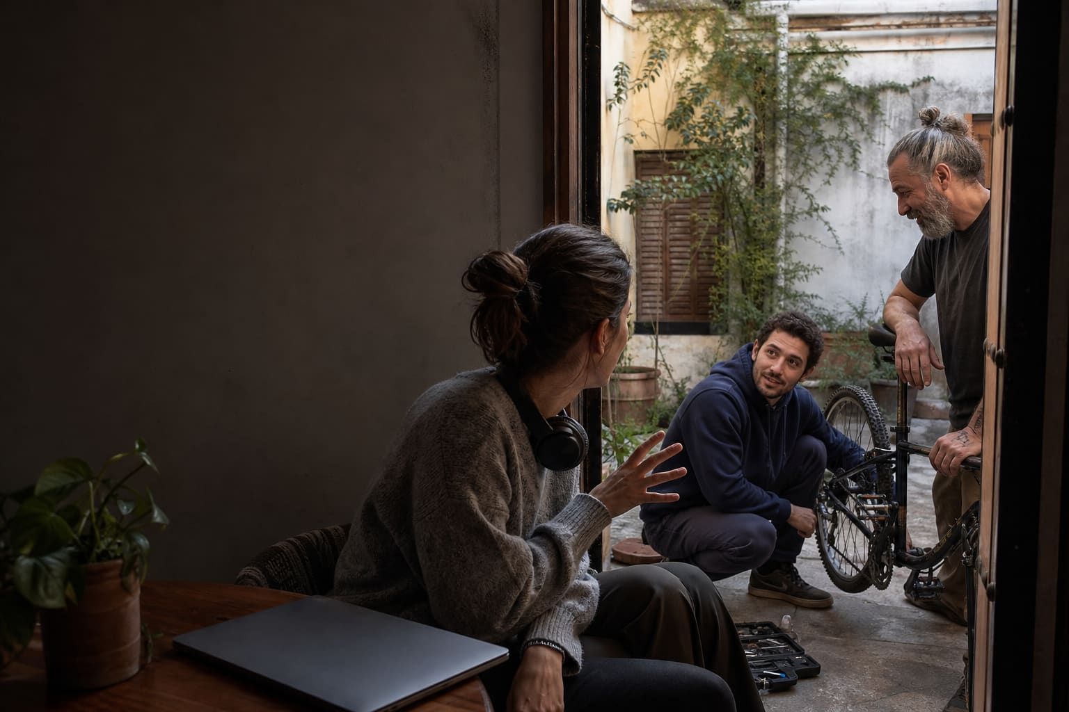 A Spanish learner moves from online study into a spontaneous courtyard conversation in Mendoza