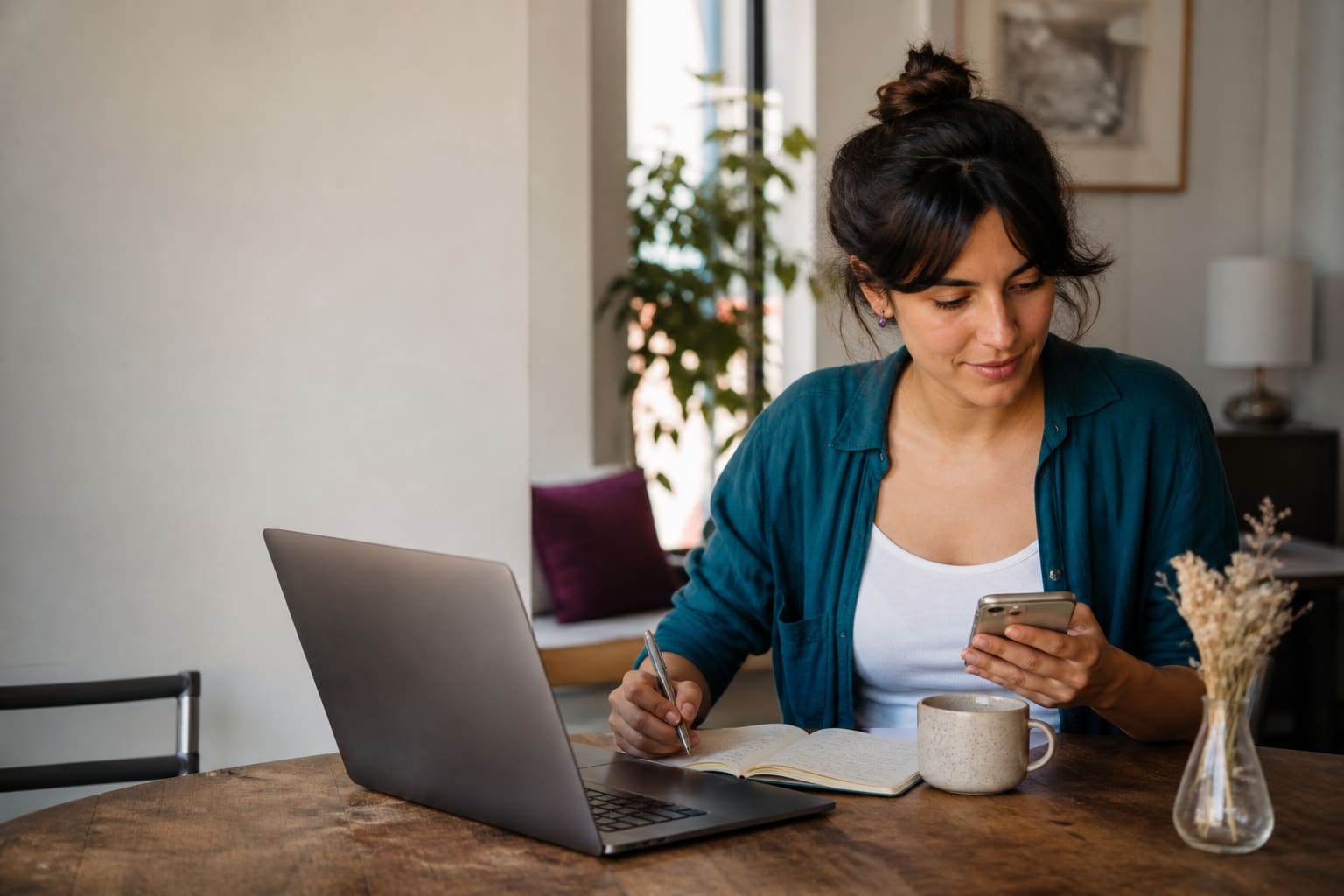 Joven explorando palabras actuales en inglés con el celular, la computadora y apuntes