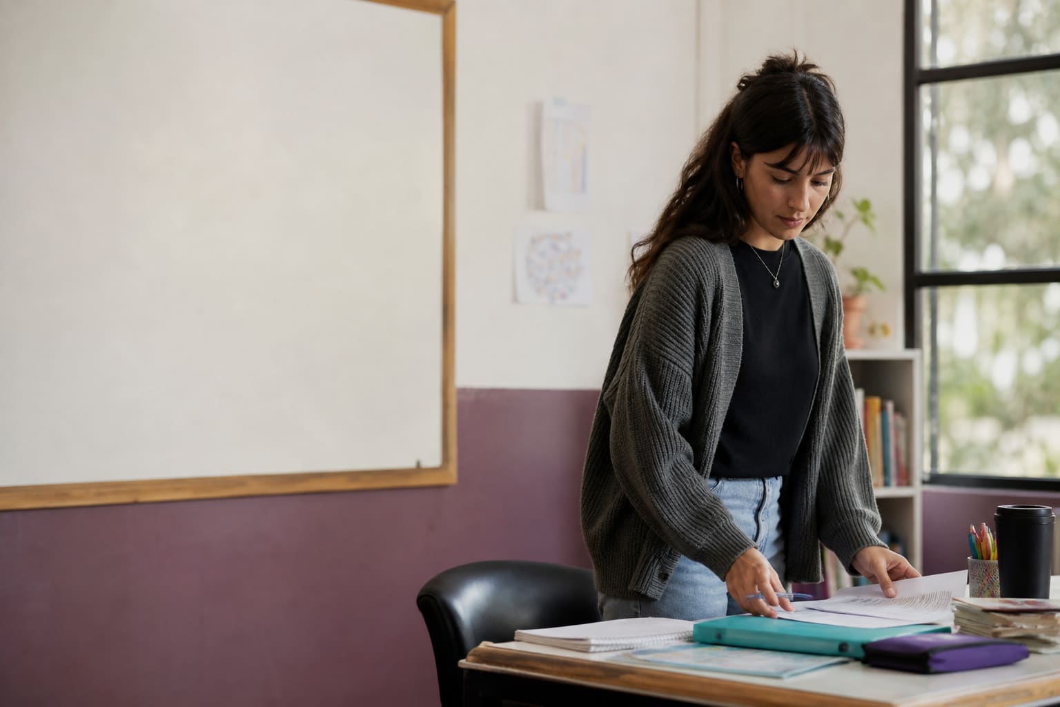 Futura profesora de inglés preparando materiales de clase en un aula de Mendoza