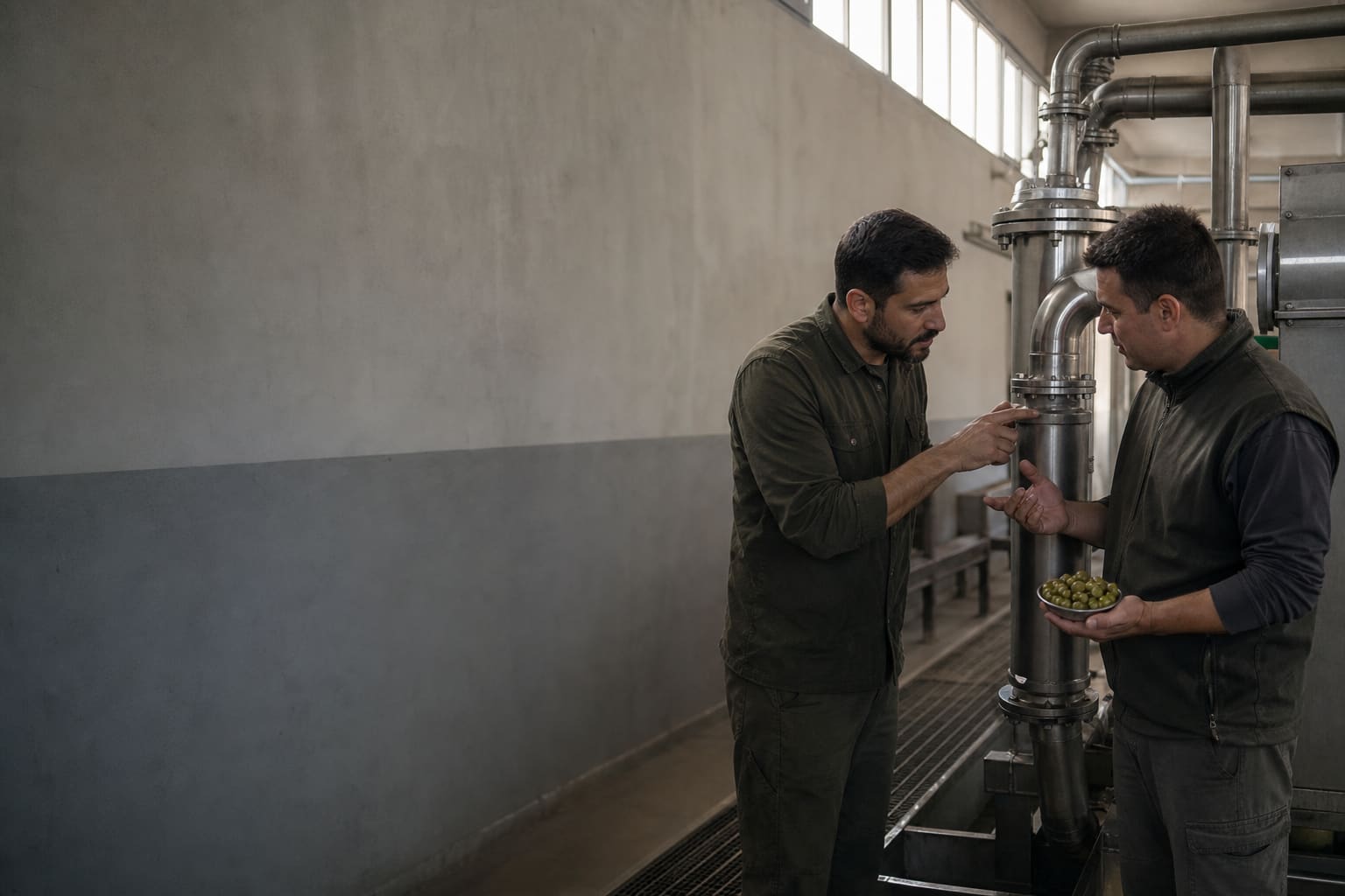 Trabajadores de una planta olivícola practicando una explicación de proceso en San Martín