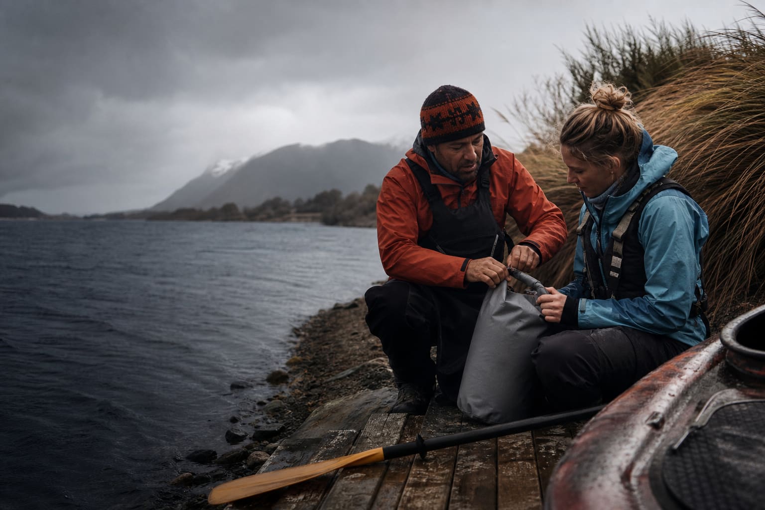 Kayak guide teaching a traveler to seal a dry bag beside a Patagonian lake