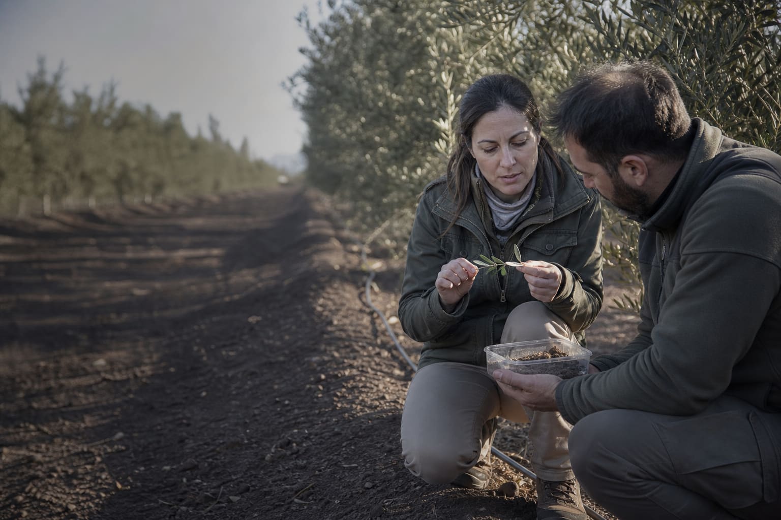 Agriculture professionals discussing a leaf and soil sample beside an orchard irrigation line