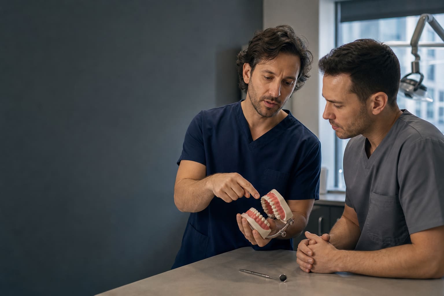 Dental professionals rehearsing a Spanish explanation with an anatomical jaw model