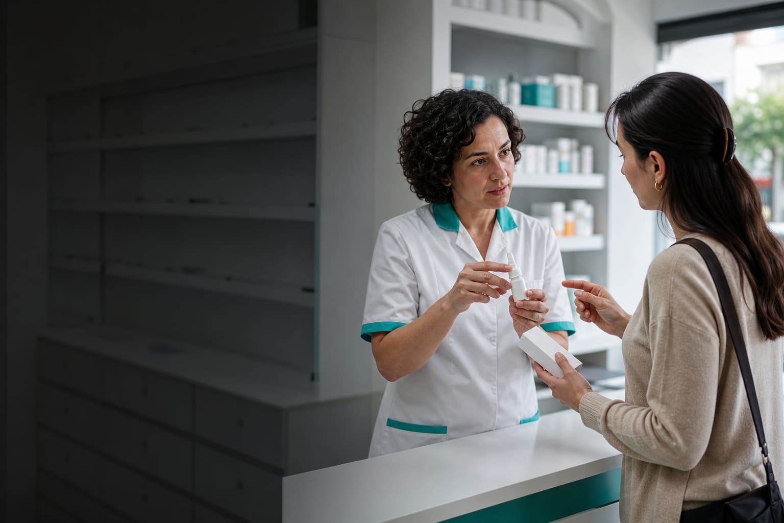 International resident using Spanish during an everyday pharmacy consultation in Argentina