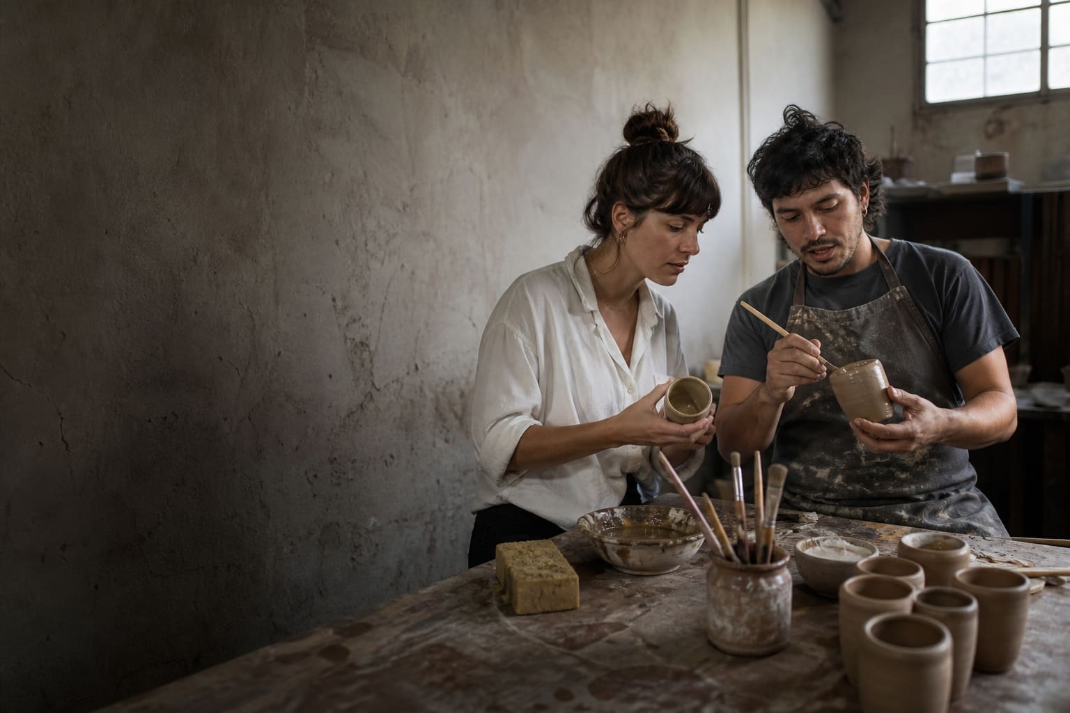 Gap year student learning to glaze mate cups in an Argentine ceramics studio