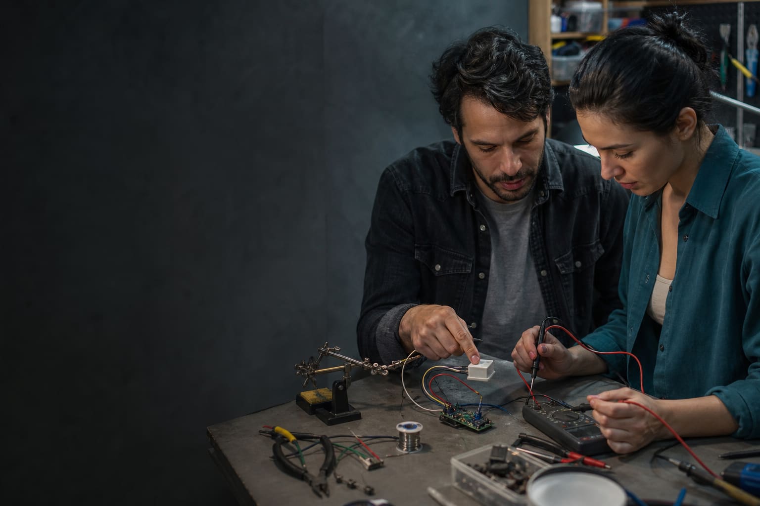 Technology professionals practicing a Spanish technical explanation at an electronics bench