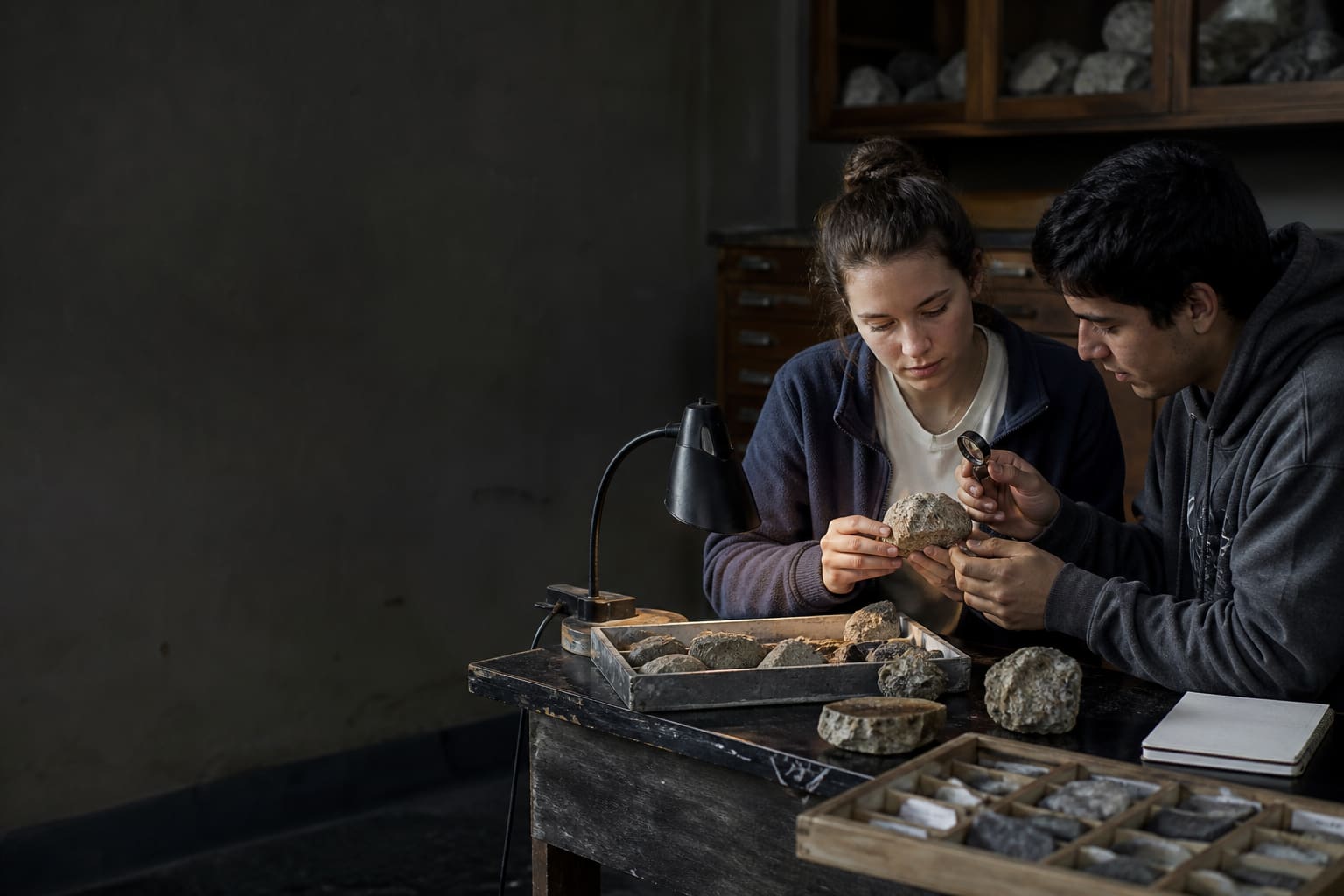 University students examining rock samples together in a geology lab