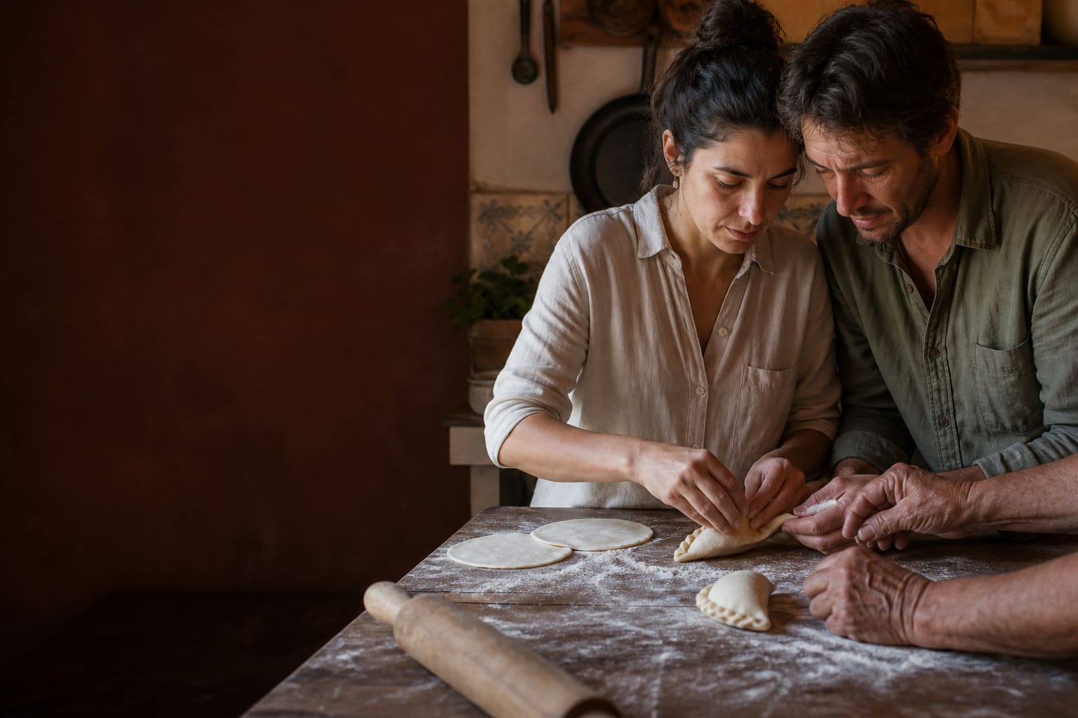 Couple learning to fold empanadas together in an Argentine cooking workshop