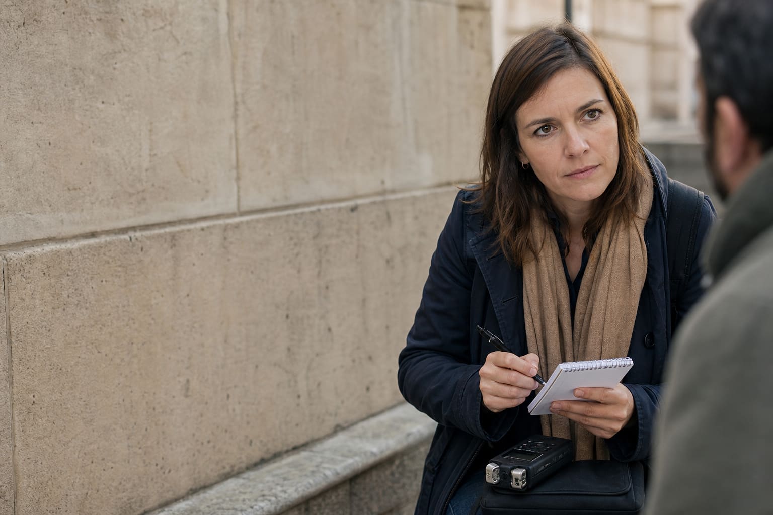 Journalist preparing a Spanish question before interviewing a source