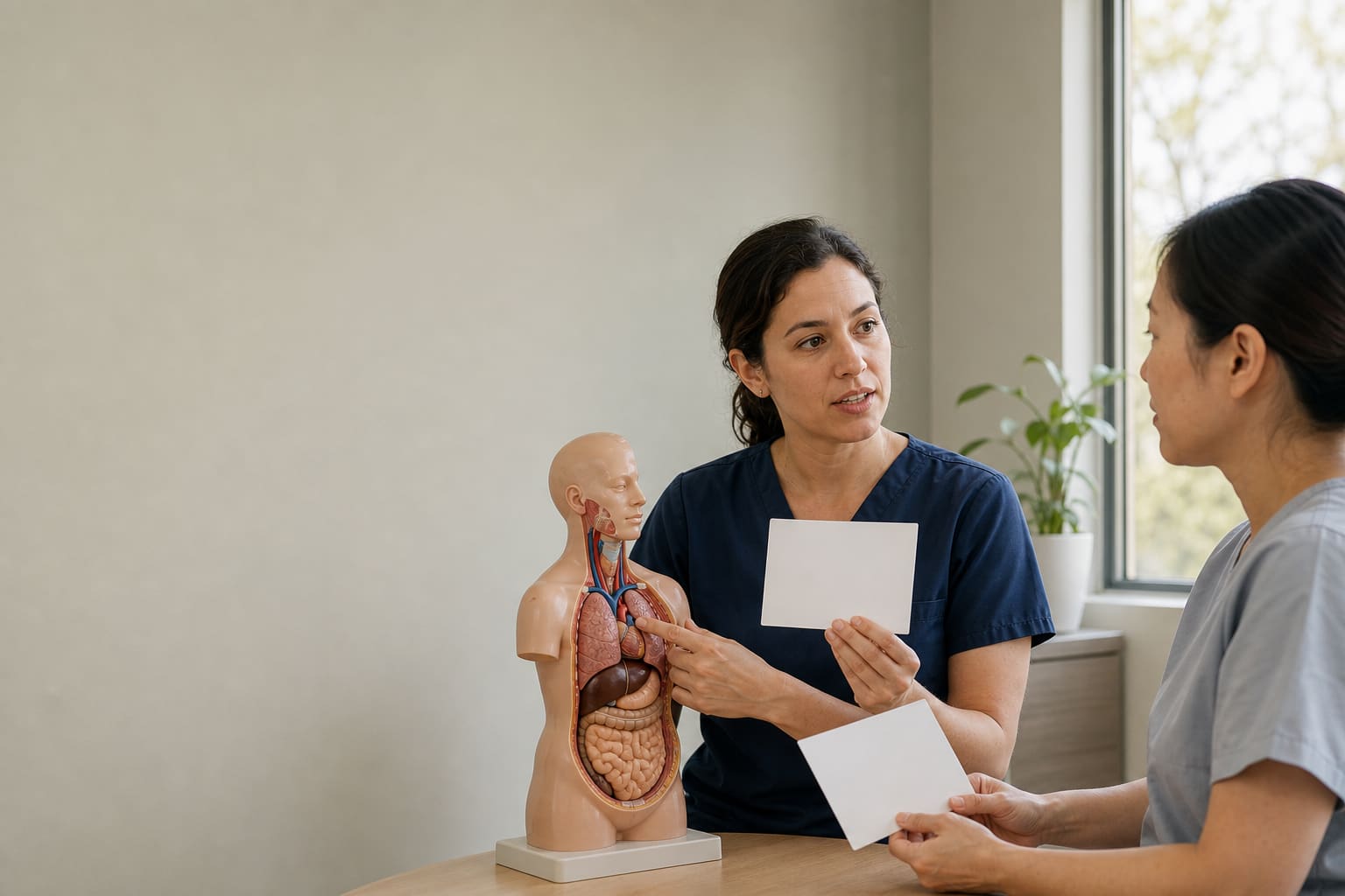 Healthcare professionals practicing a Spanish medical explanation with an anatomy model