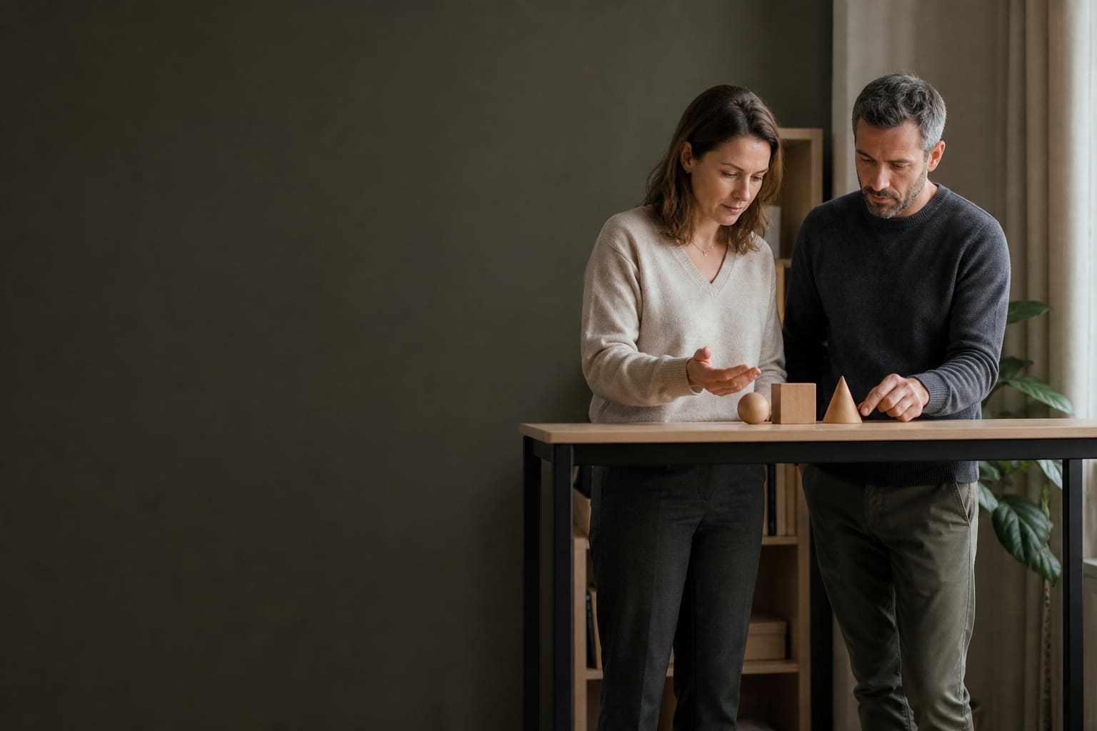 Mental-health clinicians practicing a professional explanation together using neutral objects