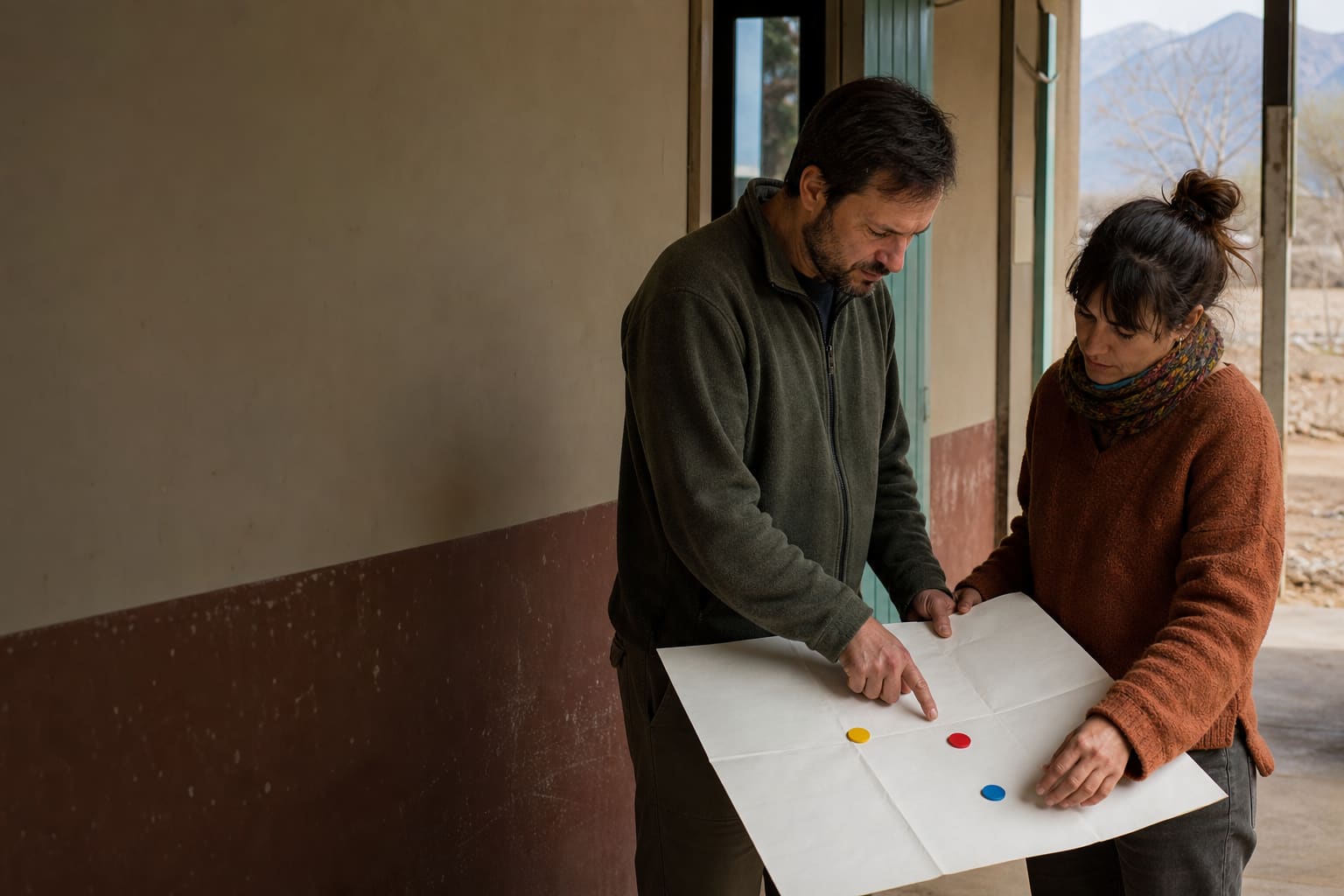NGO field colleagues coordinating an outreach route with a blank map and location tokens