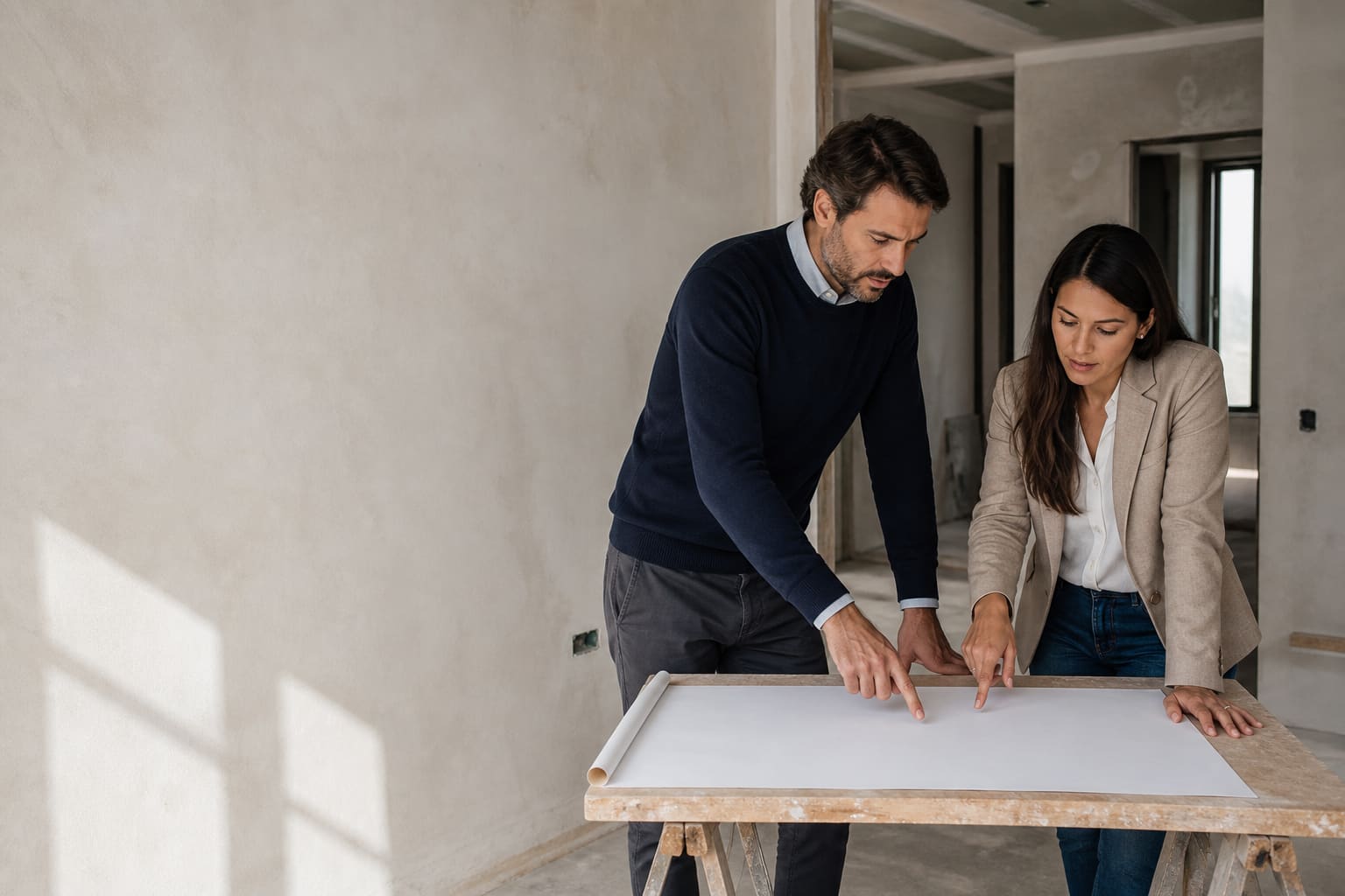 Real estate professionals practicing a Spanish explanation over a floor plan