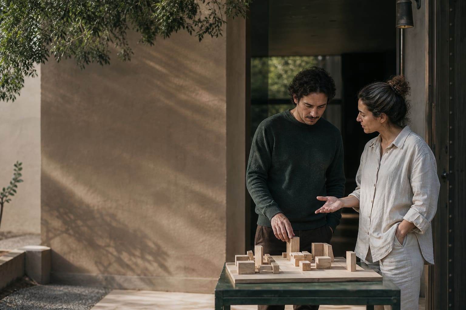 Hospitality colleagues rehearsing guest directions with a plain wooden location model