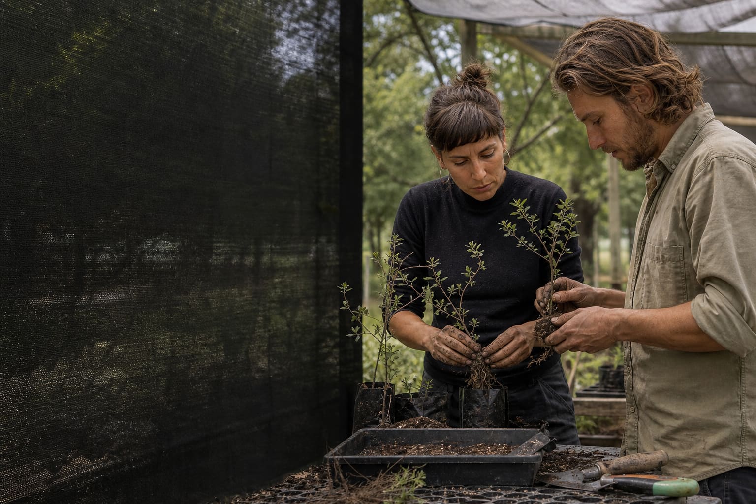 Volunteer and nursery coordinator potting native Argentine plants together