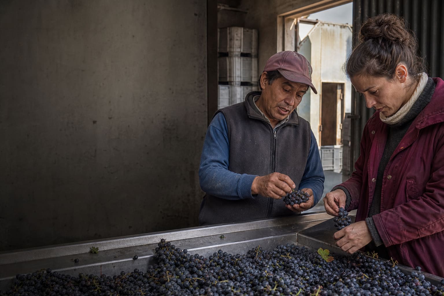 Wine traveler learning to sort harvested grapes at a working Mendoza winery