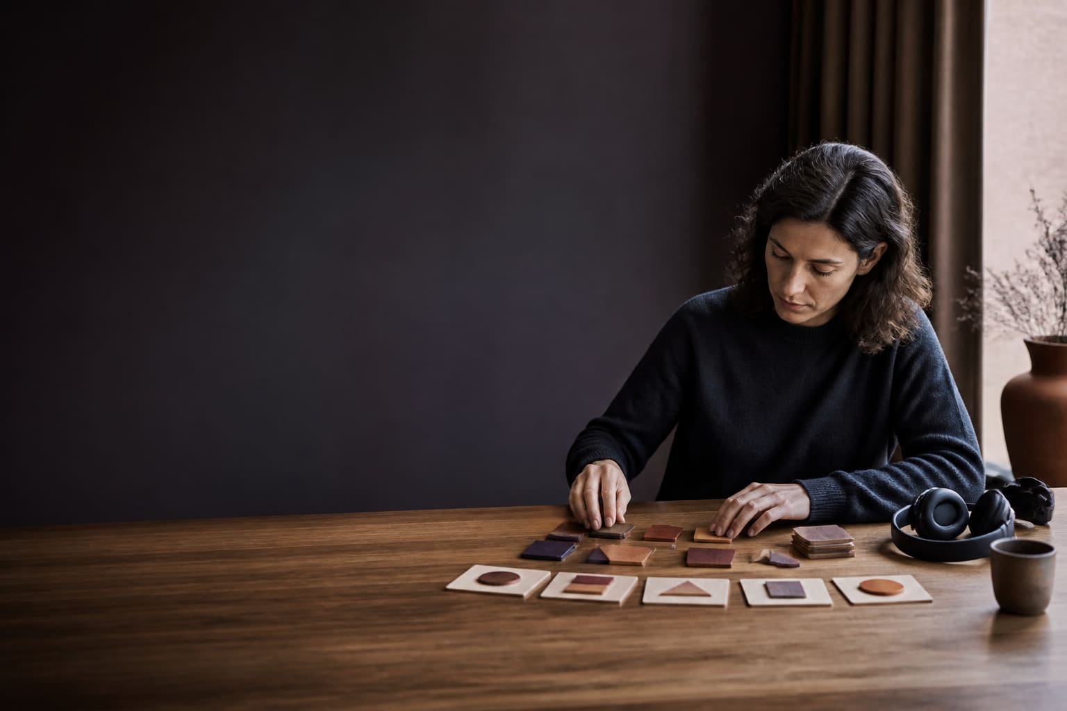 Adulta resolviendo una evaluación de nivel con piezas geométricas sobre una mesa