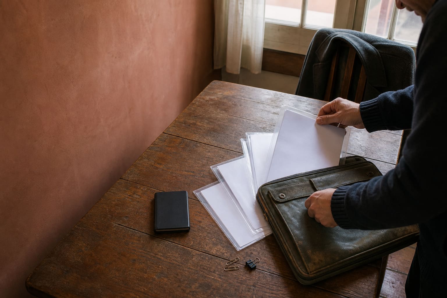 Persona organiza documentos en fundas transparentes antes de un trámite oficial en Mendoza