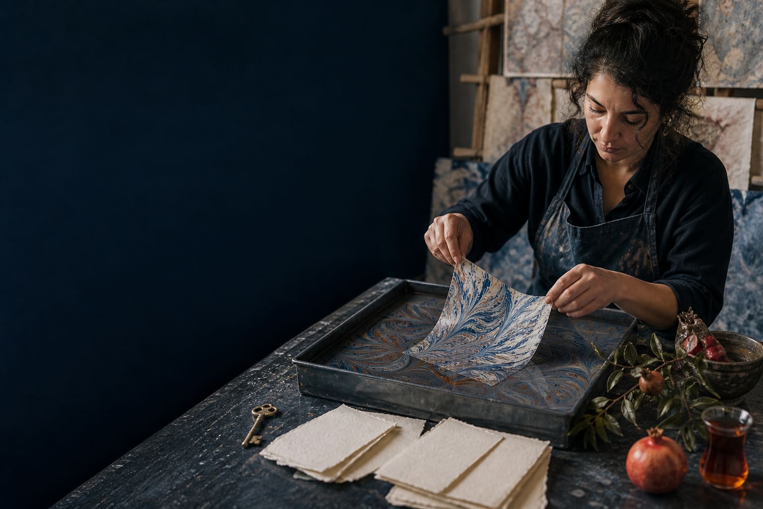 Turkish paper artist lifting an ebru sheet beside evocative objects and blank deckled cards