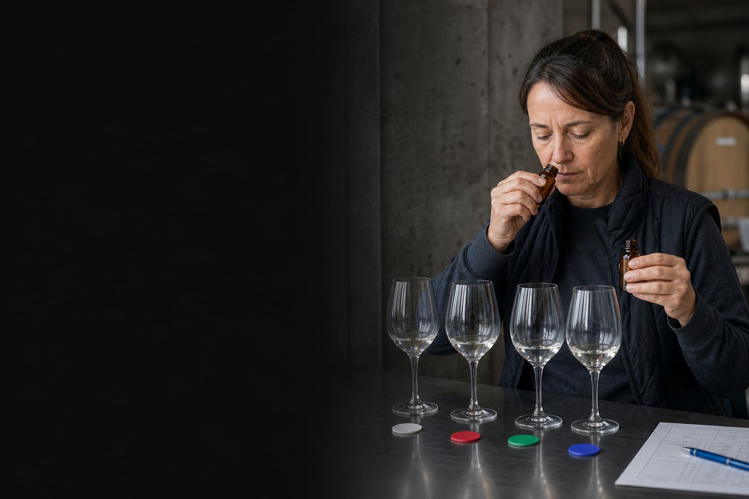 Técnica de bodega calibra aromas para describir una cata de vinos en inglés