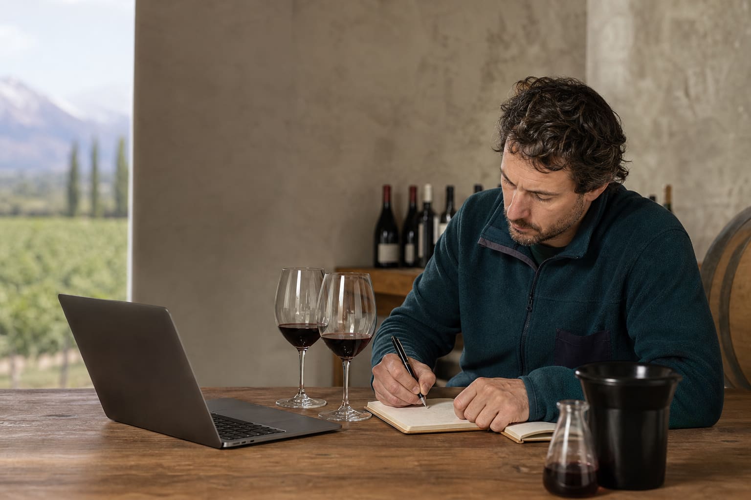 Profesional del vino practicando vocabulario en inglés durante una degustación en Mendoza